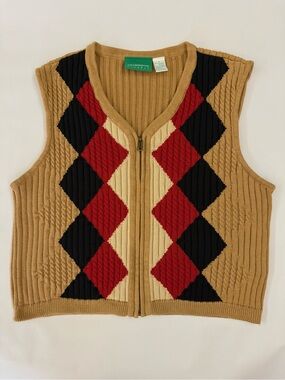 VTG 90s Liz Golf Claiborne Argyle Sweater Vest Medium Cotton Cable Knit Full Zip